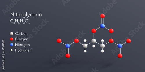 nitroglycerin molecule 3d rendering, flat molecular structure with chemical formula and atoms color coding