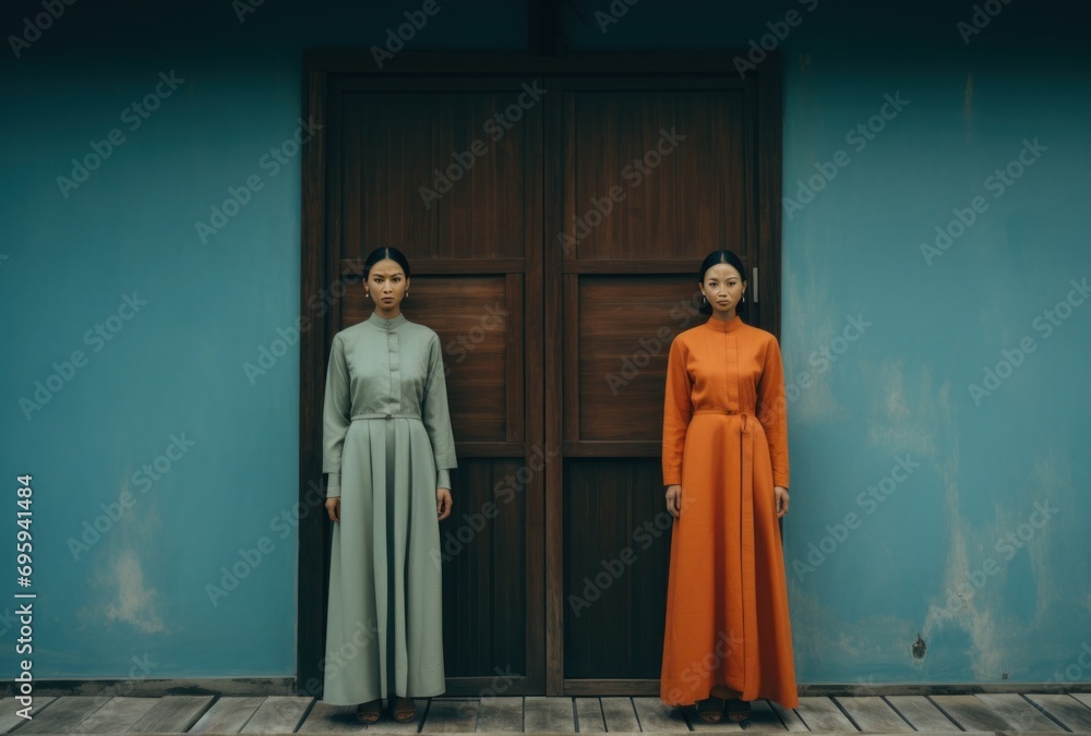 two asian women dressed in dresses are standing outside a blue door