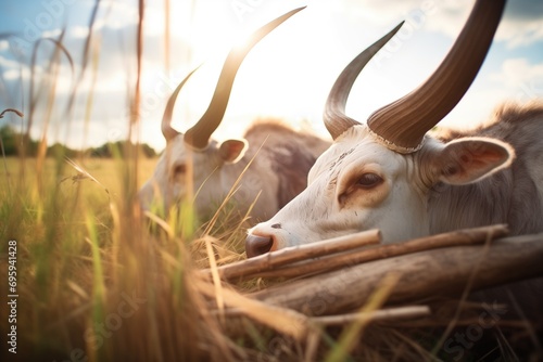 sun filtering through oxens horns, resting in a meadow