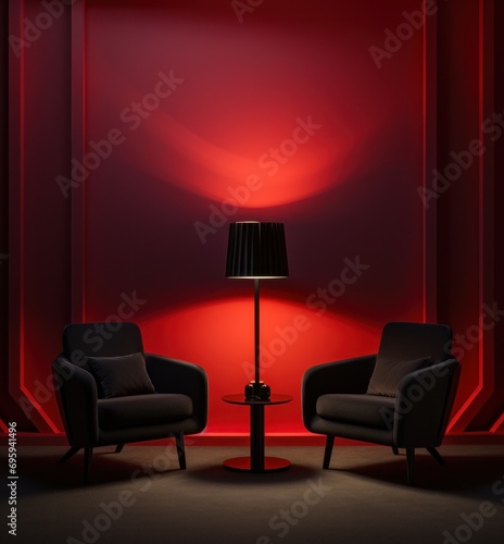 two chairs and a lamp in black with red lighting