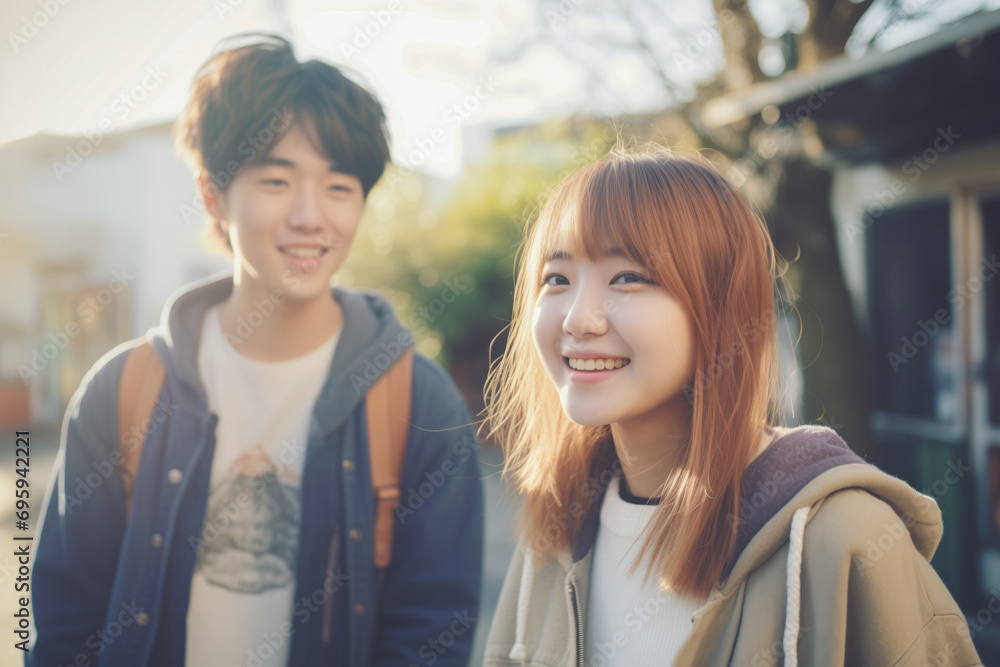 Happy Asian teenagers walking in sunlight, casual outdoor setting, showcasing warmth, affection, and a sense of adventure. Happy Asian teenagers walking in sunlight, casual outdoor setting, showcasing warmth, affection, and a sense of adventure.