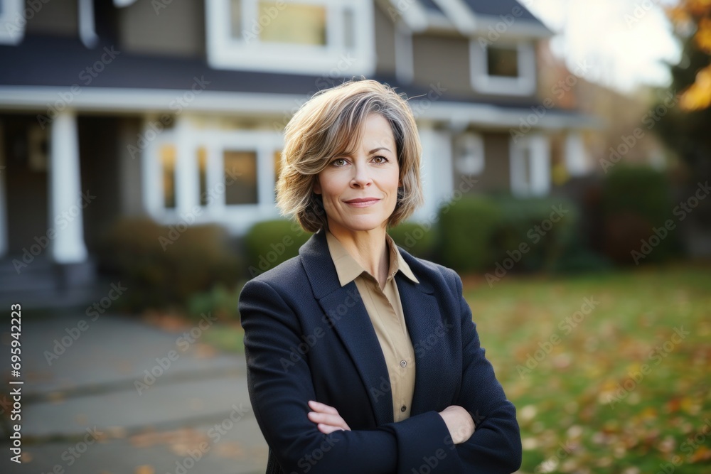 woman in business suit standing in front of house after signing a contract woman in business suit standing in front of house after signing a contract