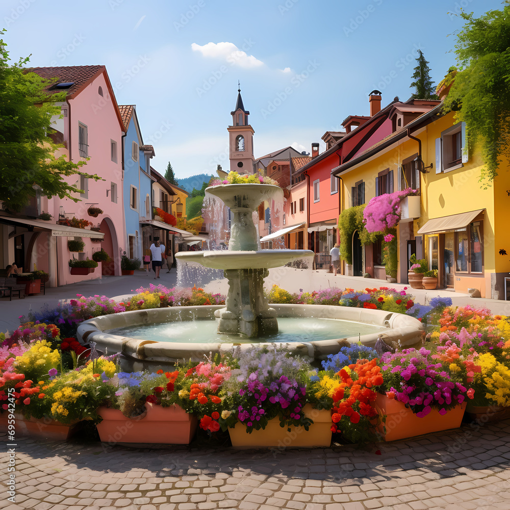 Village square adorned with colorful flowers and a central fountain