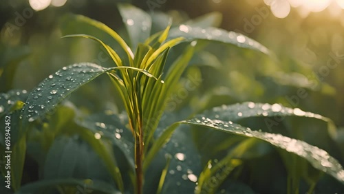fresh morning water dew drops on vibrant green grass lit by the sun blowing in the wind close up zooming out through grass slow motion reveal. Young plant nursling after summer rain. Nature concept photo