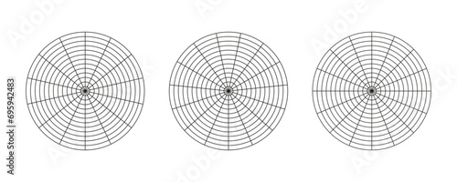 Wheel of life templates. Coaching tool for visualizing. Circle diagrams of life style balance. Polar grids with segments and concentric circles. Blanks of polar graph paper. Vector illustration.