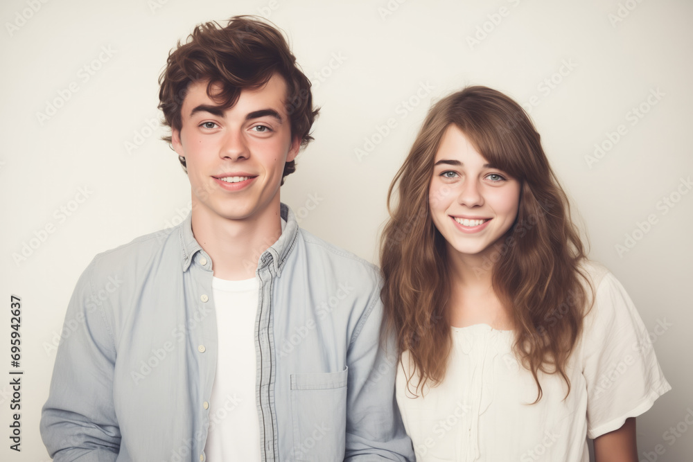 Young Caucasian couple with natural charm, casual outfits on a neutral background, exuding fresh youthfulness Young Caucasian couple with natural charm, casual outfits on a neutral background, exuding fresh youthfulness
