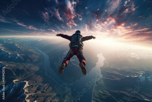 A man hovers in the air in free fall before opening a parachute