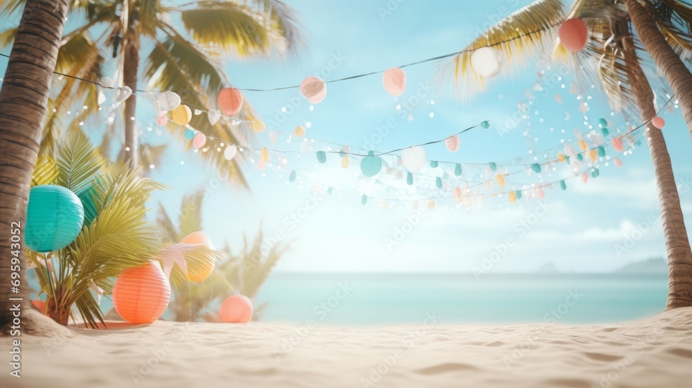summertime beach template background with copyspace sand beach summer season decorating prop with freshness juice drink paper flag and coconut plam tree clear blue sky background