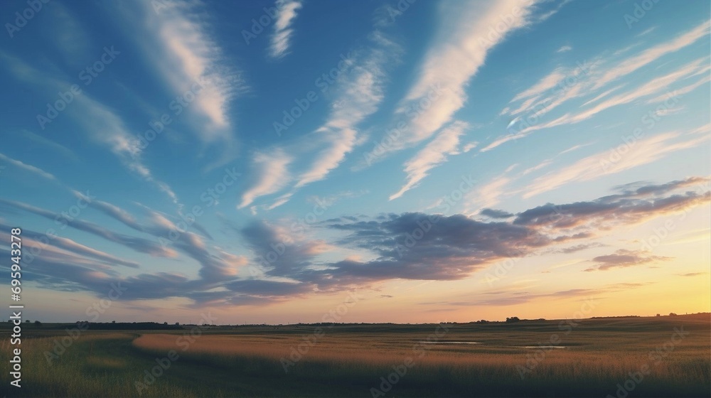 blue sky and clouds over a field at sunset