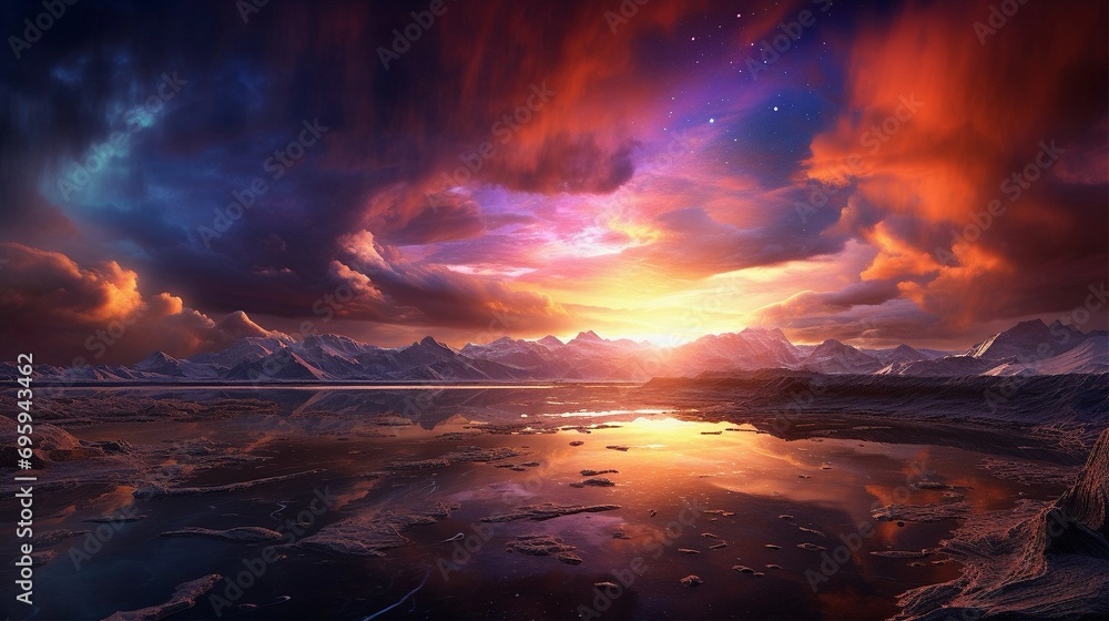 Naklejka premium day turning to night sunset over the mountains