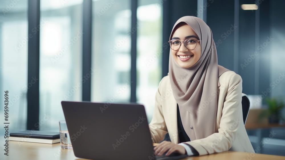 Portrait of Young Muslim Businesswoman Wearing Hijab Works on Laptop. Business people, diversity and office concept Portrait of Young Muslim Businesswoman Wearing Hijab Works on Laptop. Business people, diversity and office concept