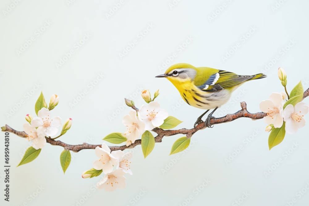 warbler clinging to a branch of almond flowers warbler clinging to a branch of almond flowers
