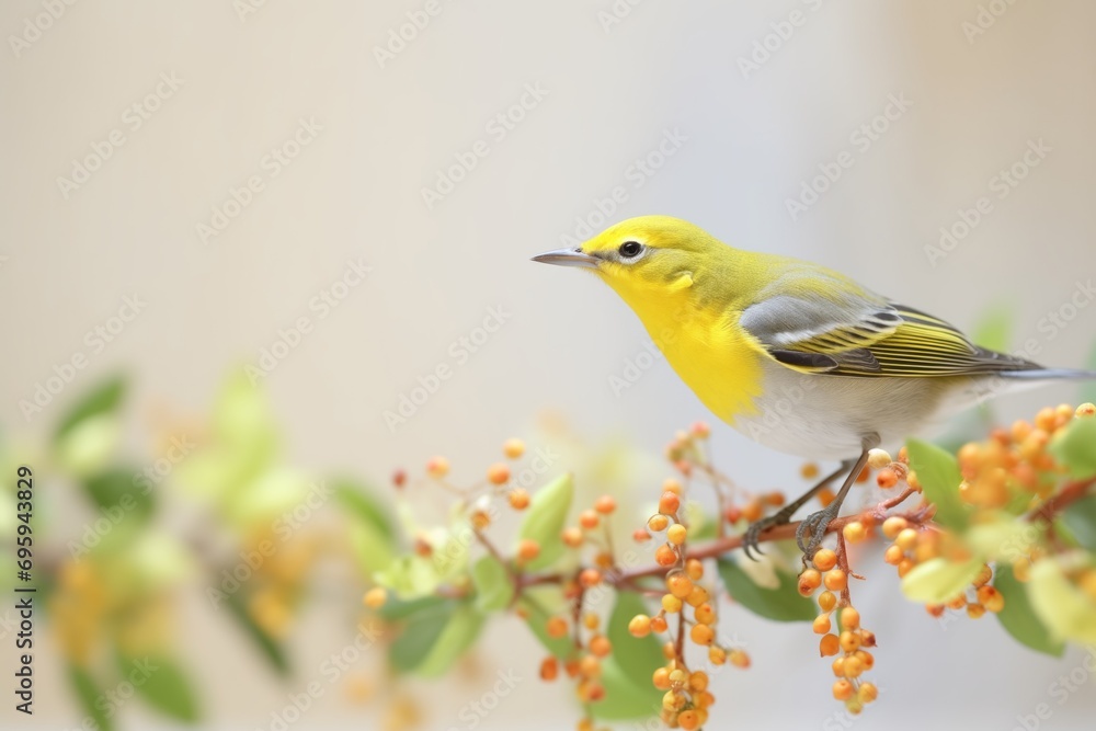 Obraz premium side view of warbler in a forsythia bush