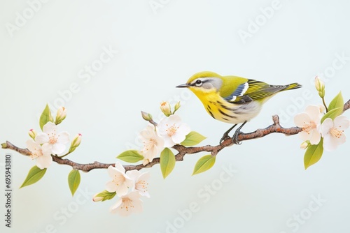 warbler clinging to a branch of almond flowers