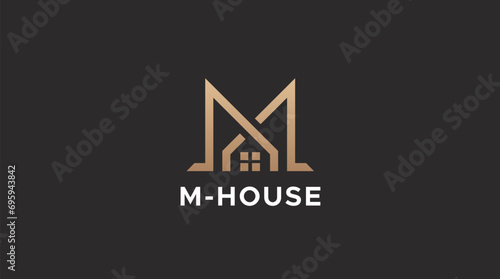 Gold House and letter M Symbol Geometric Linear Style isolated on black Background. Usable for Real Estate, Construction, Architecture and Building Logos. 
