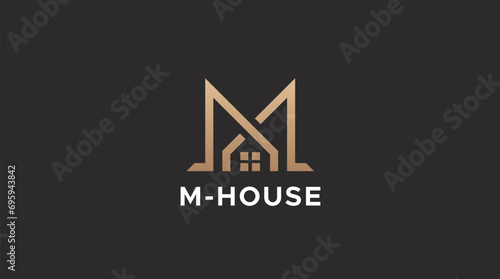Gold House and letter M Symbol Geometric Linear Style isolated on black Background. Usable for Real Estate, Construction, Architecture and Building Logos.
