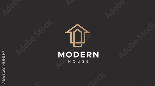 Gold House Symbol Geometric Linear Style isolated on black Background. Usable for Real Estate, Construction, Architecture and Building Logos.
