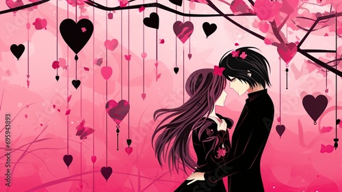 illustration of a couple kissing isolated on pink background with love symbol. Love concept, Valentine's day background.