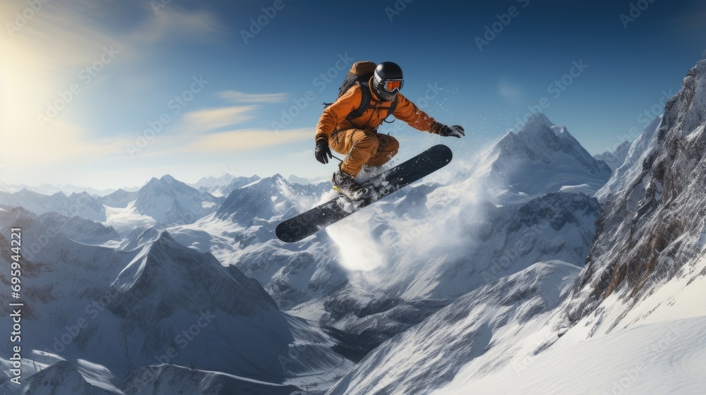 young man jumping with snowboard in snow young man jumping with snowboard in snow