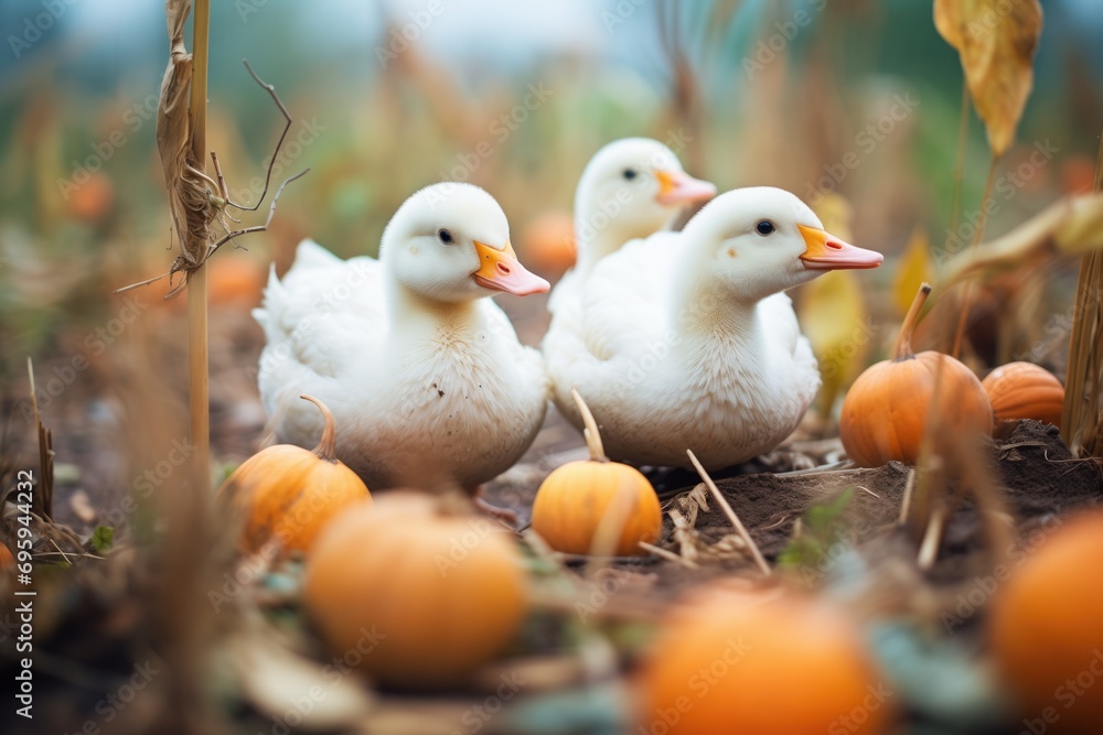 chicks exploring a pumpkin patch