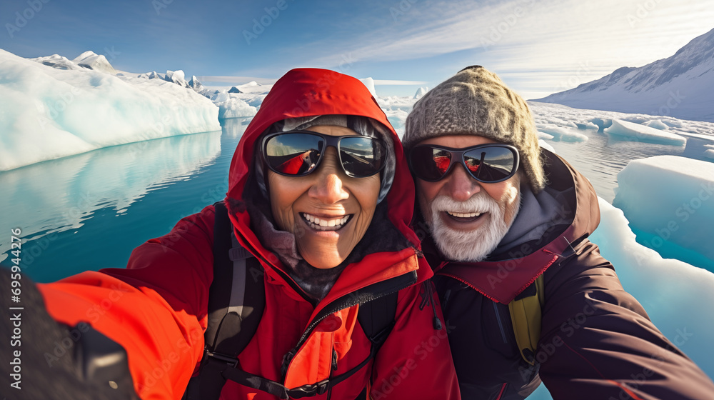 Elderly couple selfie near a glacier. Retirement adventure