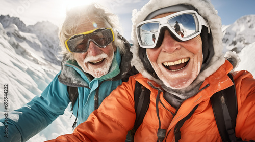 Elderly couple selfie in ski resort