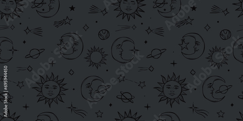 Dark grey celestial background with sun and moon illustrations, hand drawn magical seamless repeat pattern with stars