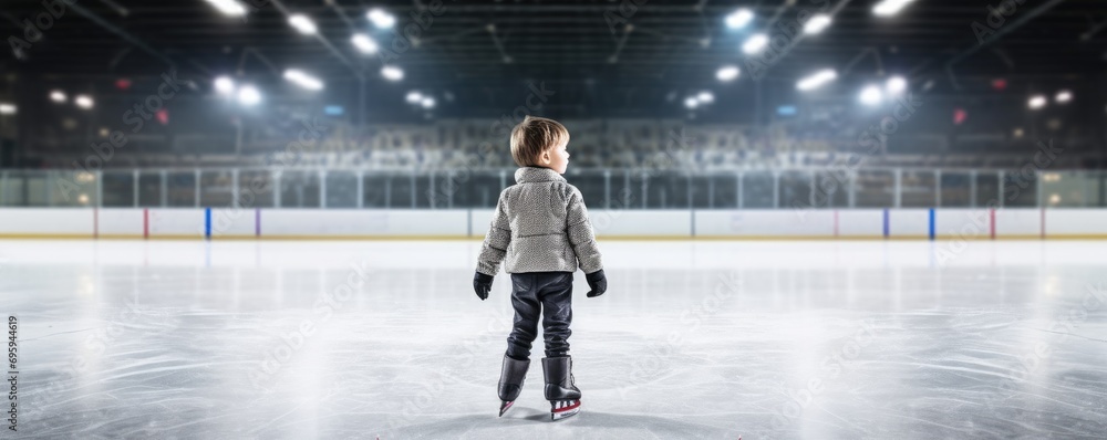 Obraz premium Cute little girl is teaching to skate on ice ring.