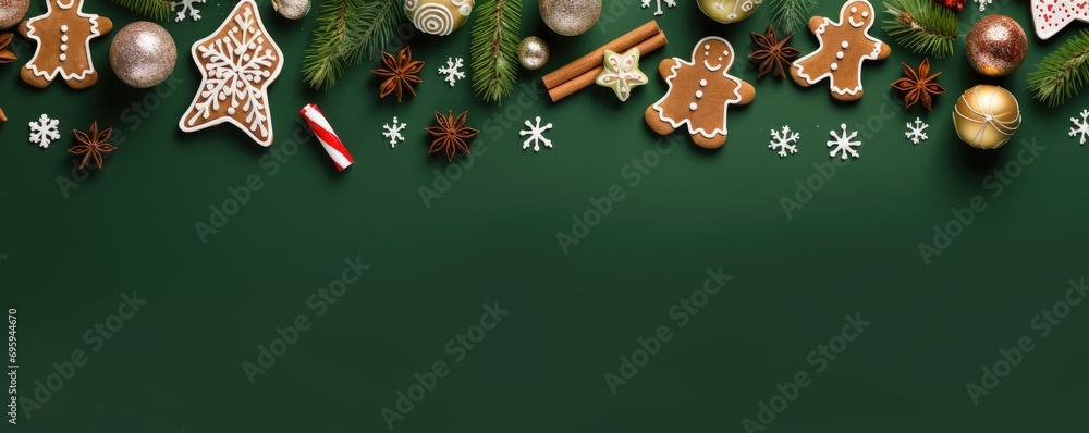 Beautiful Christmas decoration with amazing gingerbread cookies. Merry christmas theme. Christmas greeting card over green background, top view. Flat lay with copy space for xmas greetings.