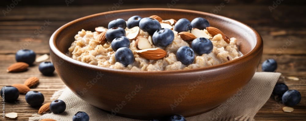 Oatmeal porridge with fresh blueberries and almonds in a bowl on wooden table. Healthy breakfast concept Oatmeal porridge with fresh blueberries and almonds in a bowl on wooden table. Healthy breakfast concept