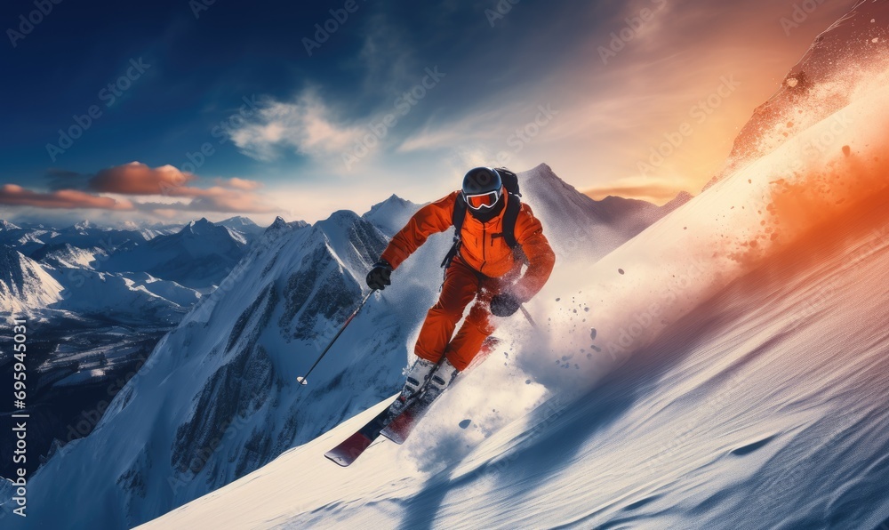 Skilled skier is skiing down from mountain in beautiful winter landscape Skilled skier is skiing down from mountain in beautiful winter landscape