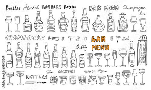 Big set of alcoholic bottles and glasses. Alcohol cocktail drinks, champagne, beer, martini, wine, rum, tequila, cognac, whiskey and other. Great for bar menu, banner. Doodle style. Hand drawn