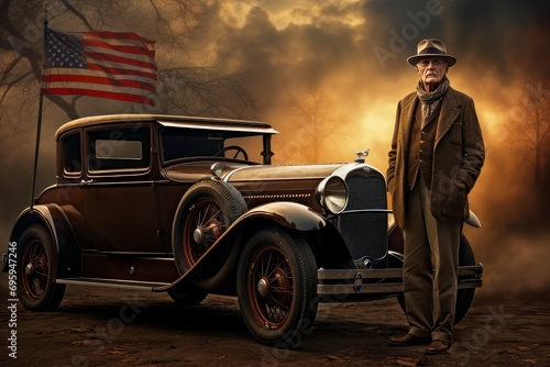 Stylish American man near vintage car. Old time. Generate Ai