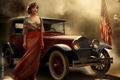 Distinctive American woman vintage car 1920 year. Female crime. Generate Ai photo