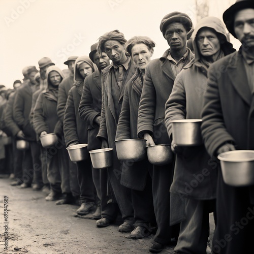 Hungry people, holding containers, waiting for free food in long line, great depression concept Generative AI 
