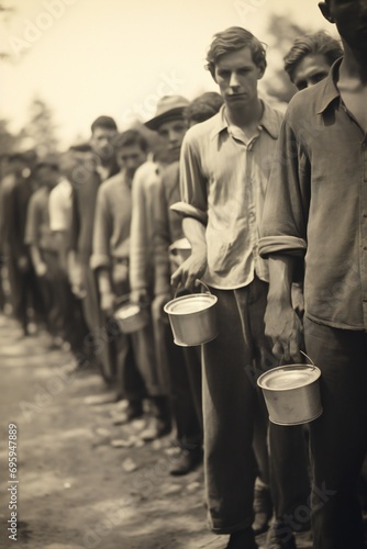 Hungry people, holding containers, waiting for free food in long line, great depression concept Generative AI 