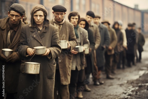 Hungry people, holding containers, waiting for free food in long line, great depression concept Generative AI 