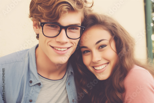 Cheerful young couple with stylish glasses, sharing a warm and loving smile in casual denim, a symbol of happiness and youthful romance