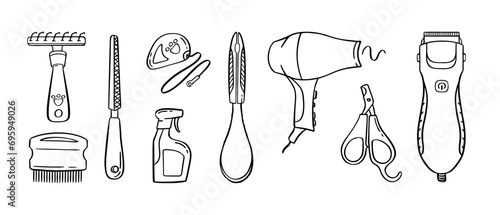 Pet grooming set. Salon for animals. Doodle style animal and character hand drawn. Vector illustration.