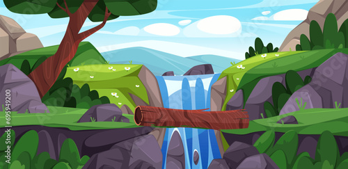 Nature landscape of jungle with rocky mountains, waterfalls and cliffs. Vector scene with log bridge connecting banks of river. Game scenery, rocks and meadow with grass and blooming flowers photo