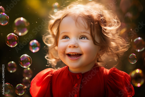 A happy laughing little girl in a beautiful red dress is enjoying soap bubbles. a girl among soap bubbles on a sunny day