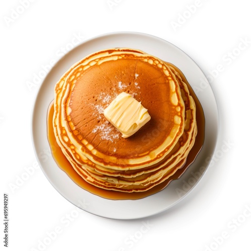 Stack of pancakes with honey and butter on white background, top view. photo