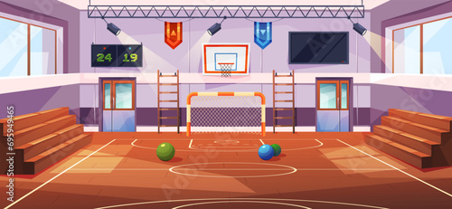 Gym at school or sports arena for children to practice sportive activities. Vector football net, basketball hoop and balls for exercise. Wooden benches for audience on matches, scoreboard
