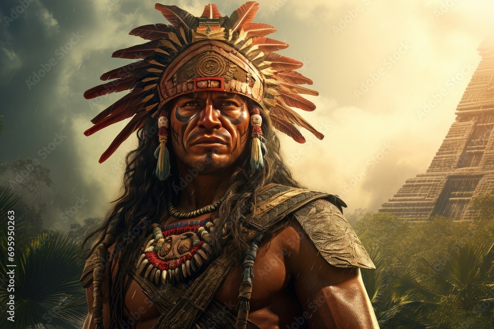 Weathered Aztec strong man old pyramid. Indian ruin. Generate AI