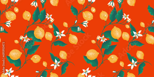 Creative, stylized branches leaves with lemon, lime and flowers seamless pattern. Vector hand drawn. Colorful tropical floral stem printing. Summer Illustration fruits for print on a red background.  