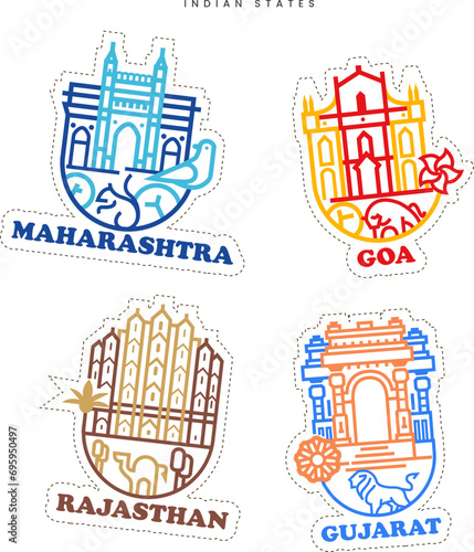 Creative stickers  for the Indian states Maharashtra, Goa, Rajasthan, and Gujarat with illustrations of Maharashtra, Goa, Rajasthan, Gujarat national animal and a landmark Place