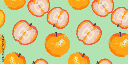 Vector hand drawn sketch textured apple print. Seamless pattern with colorful apples and apples slices background. Summer tropical creative fruits back. Fashionable template for design