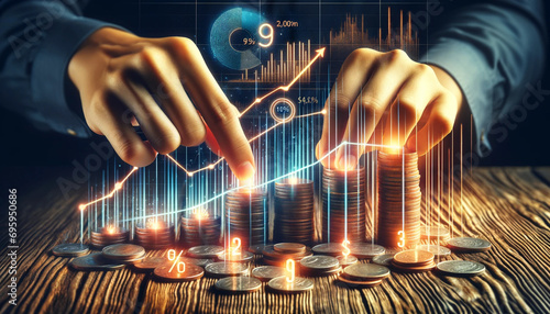 This image showcases hands organizing coins with digital growth charts and percentages, depicting dynamic investment and economic progress photo