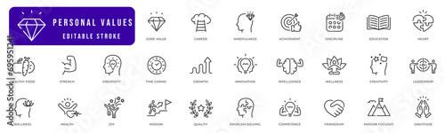 Personal values line icon set. Vision, personal growth, innovation, problem solving etc.