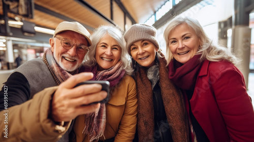 copy space, stockphoto, Group of senior friends taking selfies on a smartphone at the train station. Healthy elderly friends making a selfie in the railway station. Happy elderly people. Good life ins
